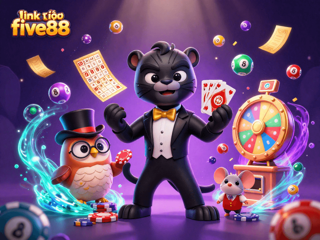 Experience the thrill with link vào five88 as characters engage in dynamic gambling action surrounded by vibrant casino elements.