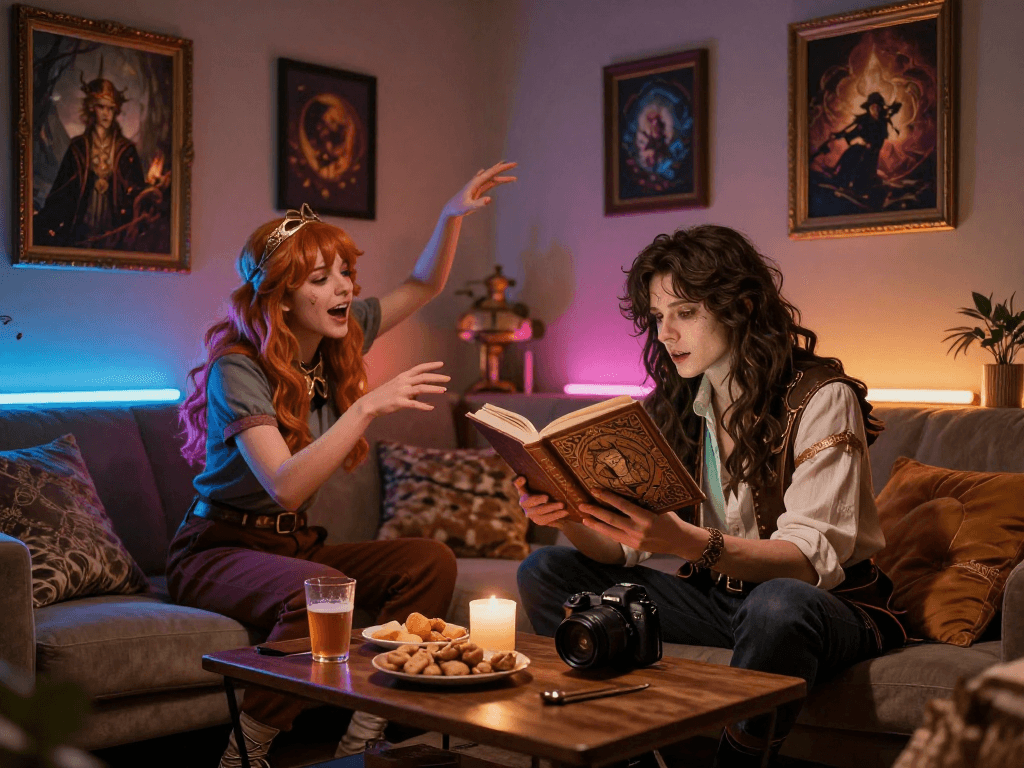 NSFW AI roleplay characters in a cozy room, engaged in imaginative storytelling.