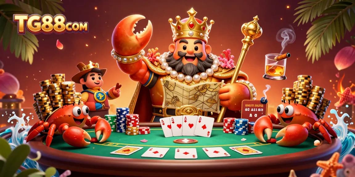 Experience the immersive world of TG88COM casino gaming with a vibrant scene featuring poker elements and a crab emperor.