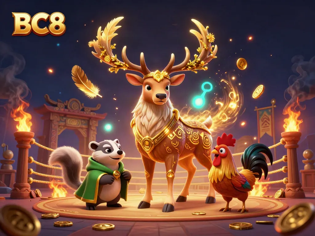 Engage with thrilling BC8 cockfighting action surrounded by vibrant characters, flames, and gold.