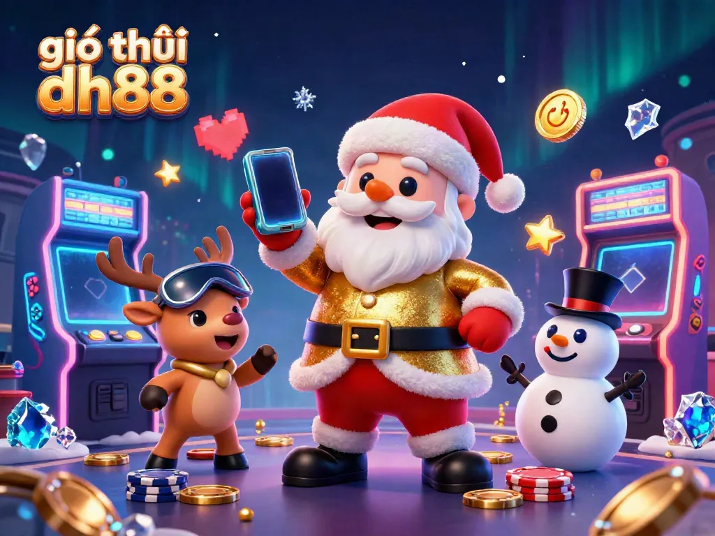Join the excitement at giới thiệu dh88 as Santa Claus and friends celebrate big winnings in a vibrant casino scene.