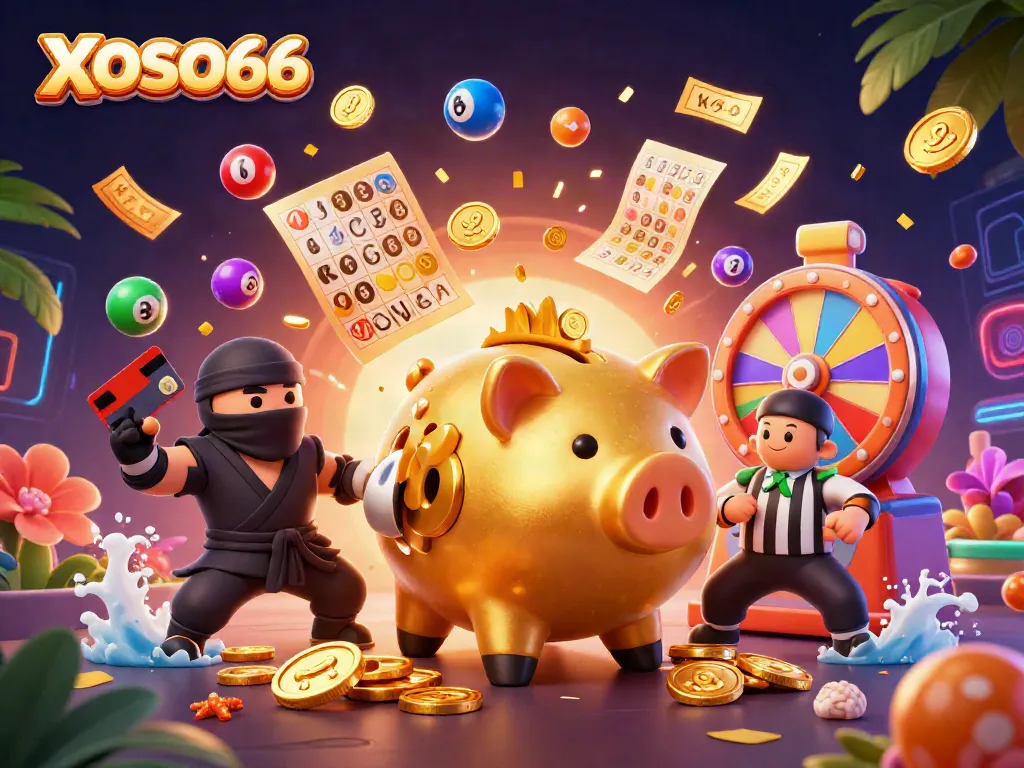 XOSO66 features engaging gaming action with a golden piggy bank sumo wrestler amidst vibrant lottery elements.