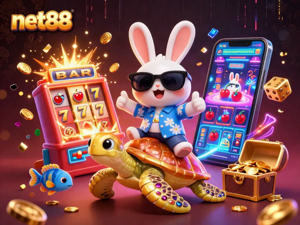 Experience the excitement of net88 with a vibrant display of characters and casino elements.