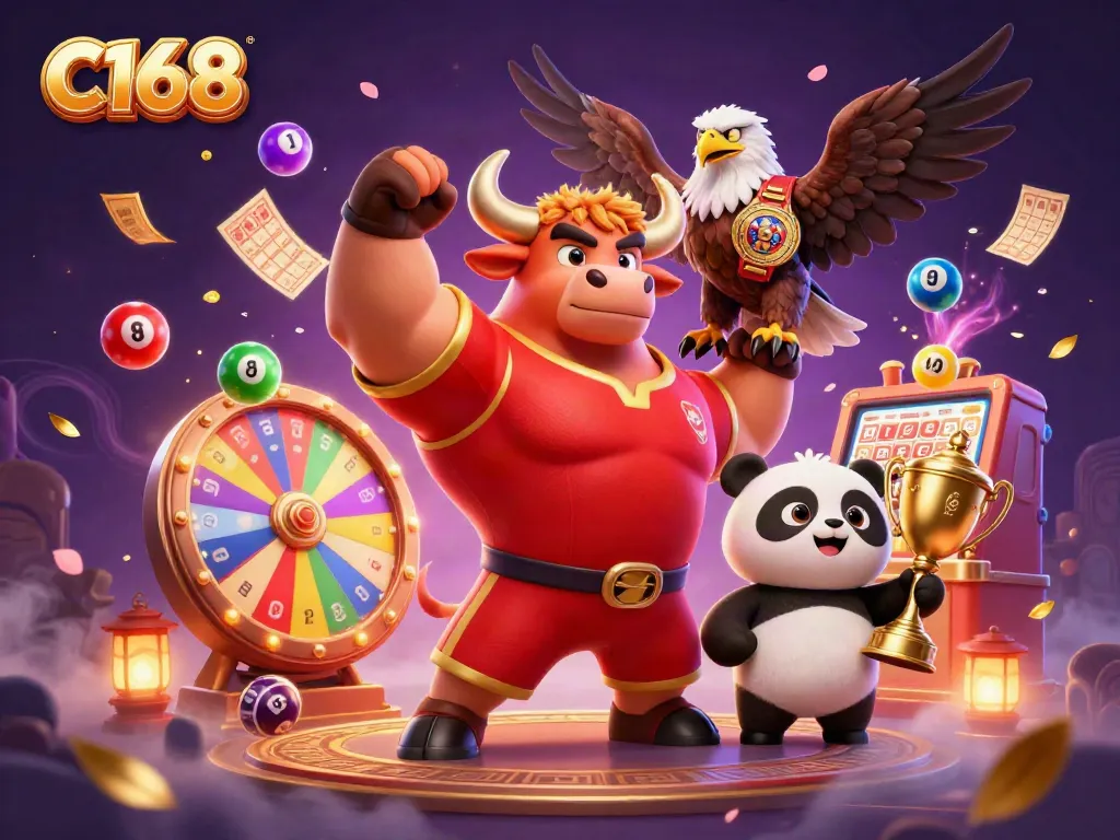 Experience the excitement of C168 with a dynamic 3D illustration featuring a bull, eagle, and panda amidst gambling elements.
