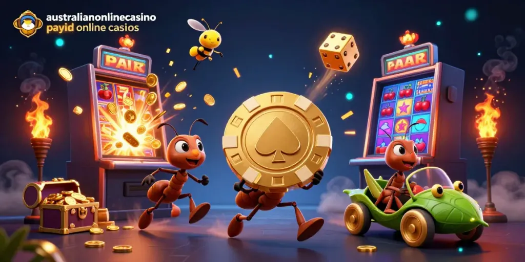 Engaging scene of australianonlinecasino payid online casinos featuring cartoon ants on a heist with giant poker chip.