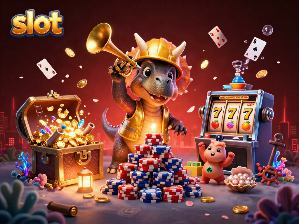 Engage with slots excitement as a triceratops builds a chip pyramid amidst lively celebrations.