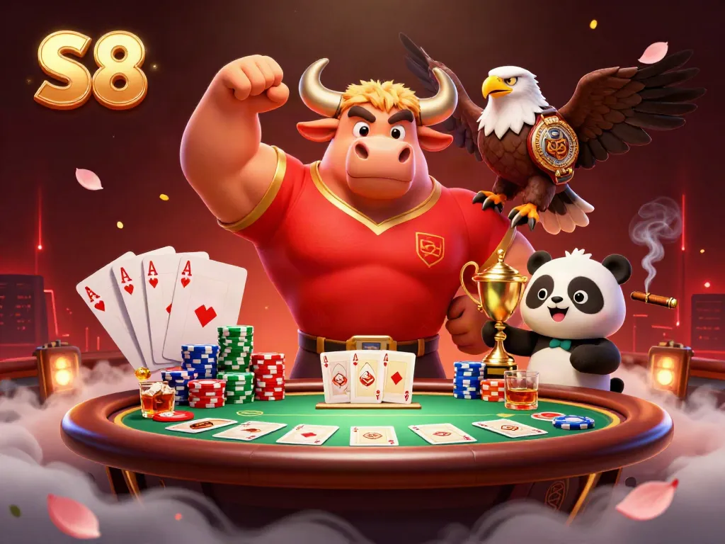S8 offers thrilling casino experiences with a victory pose from its iconic bull mascot and exciting poker elements.