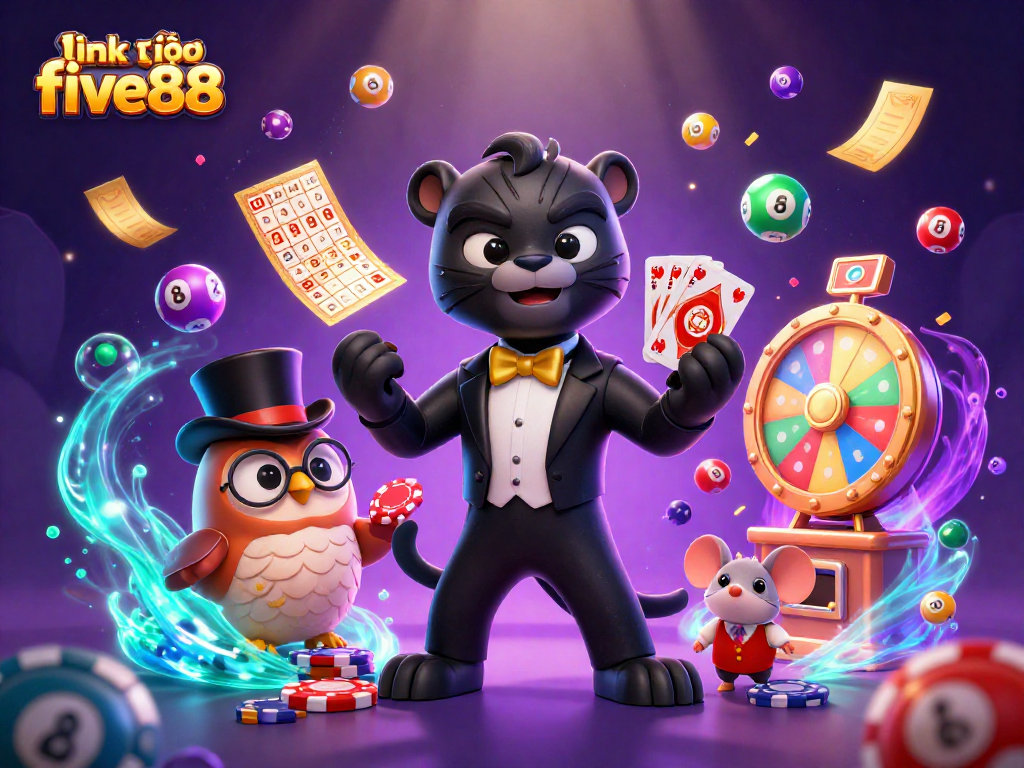 Experience the thrill with link vào five88 as characters engage in dynamic gambling action surrounded by vibrant casino elements.