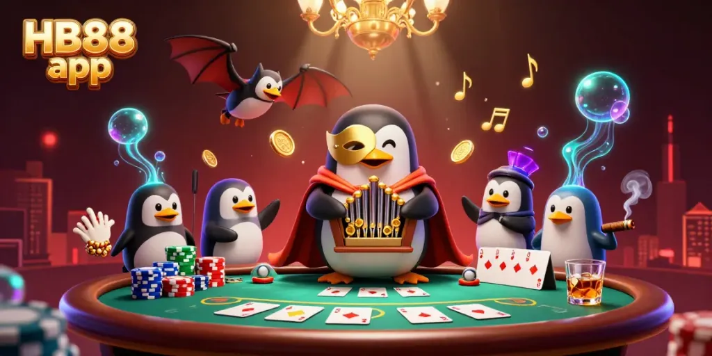 Bet on the HB88 app with a magical 3D casino illustration featuring a penguin, poker chips, and golden coins.