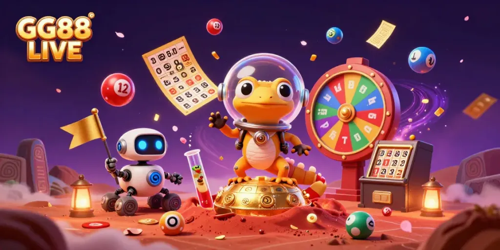Experience the thrill of GG88 LIVE with a Martian gecko discovering a golden casino under Mars' sand.