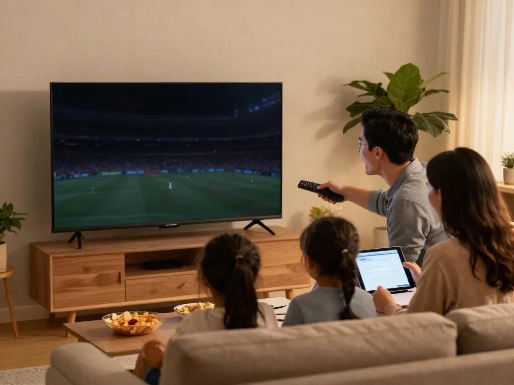 Miglior IPTV in a family living room, enjoying sports together on a Smart TV, creating a joyful atmosphere.