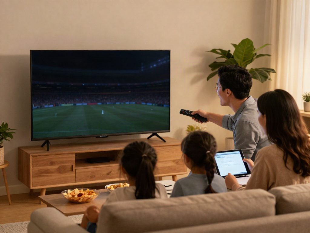 Miglior IPTV in a family living room, enjoying sports together on a Smart TV, creating a joyful atmosphere.