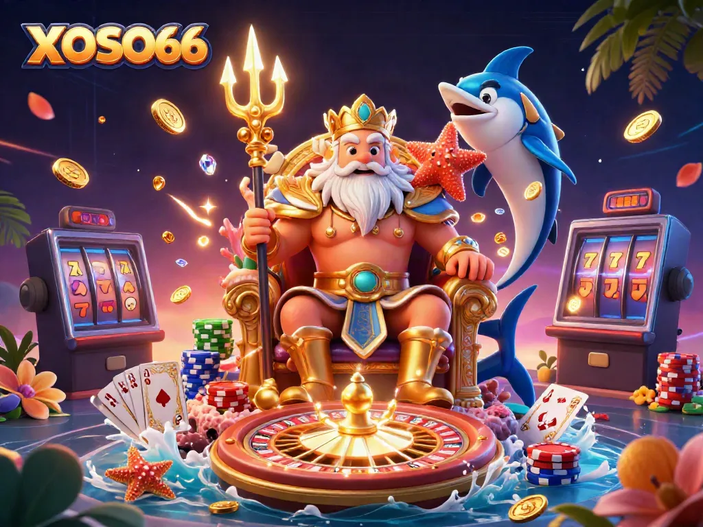 XOSO66 offers a vibrant scene with Neptune and game elements illustrating the thrill of online gambling.