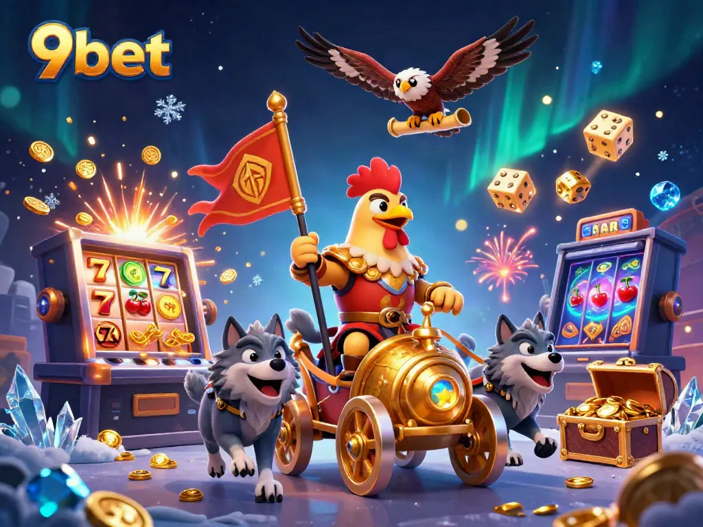 Experience the thrilling adventure of 9bet with a cartoon rooster warlord in an exciting casino scene.