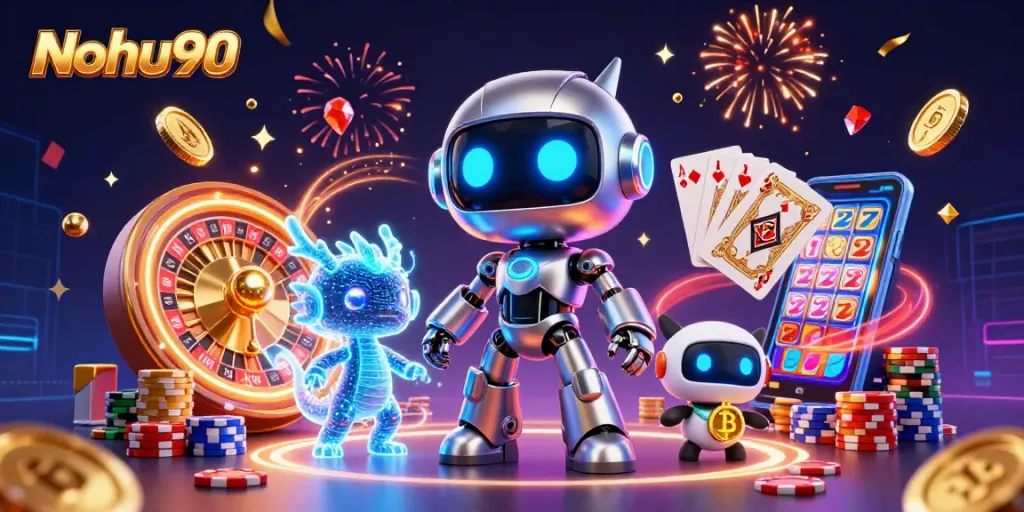 Nohu90 features an exciting 3D casino scene with a cyberpunk robot, bitcoins, and a whirlwind of winning elements.