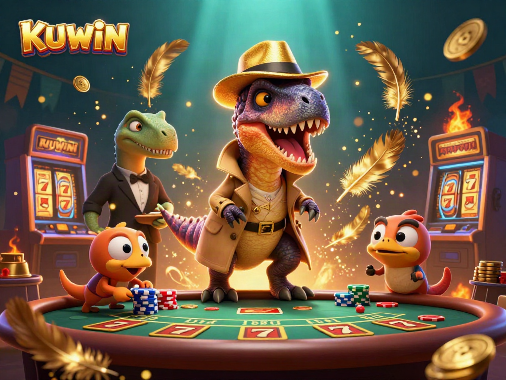 KUWIN card counter velociraptor at a thrilling blackjack scene surrounded by vibrant casino elements.