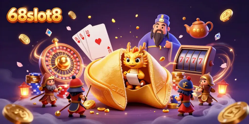 Engage with 68slot8 through a vibrant scene showcasing a golden fortune cookie, wise dragon, and dynamic casino elements.