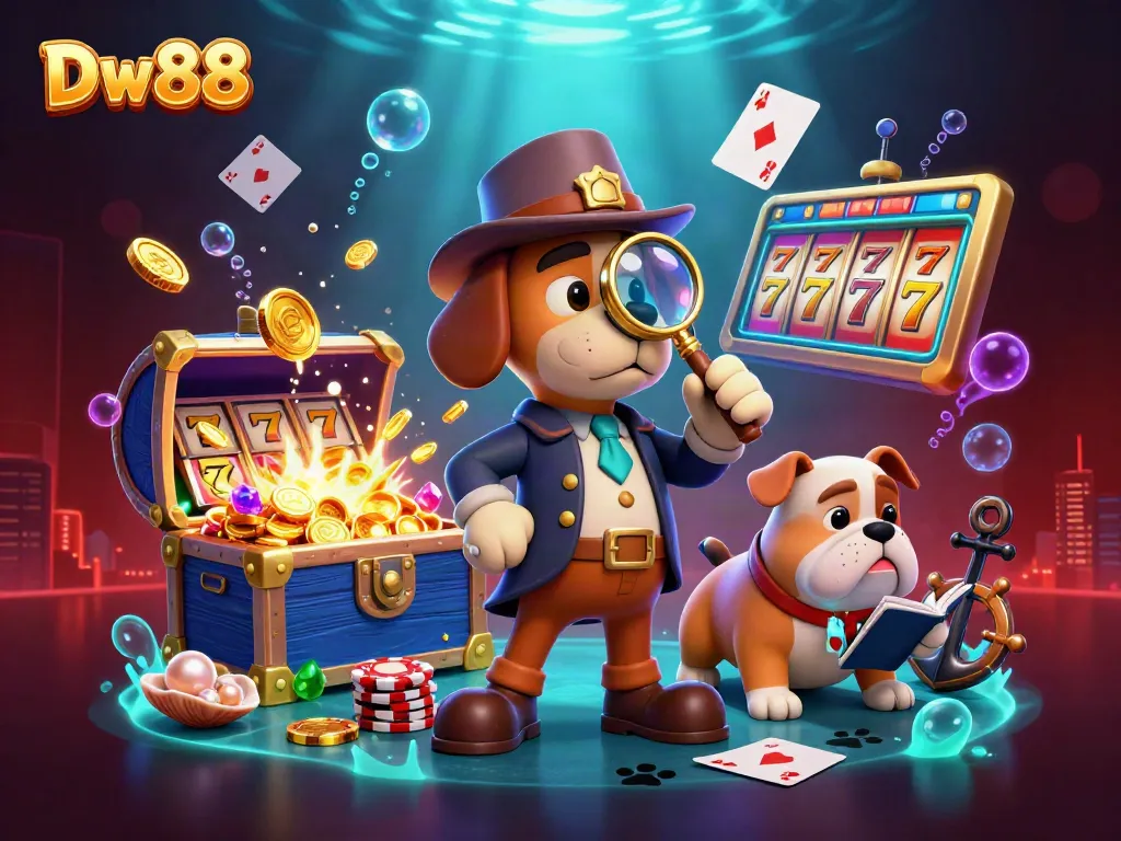 Examine casino clues and win at Dw88 while discovering treasure amidst vibrant slot reels and playful characters.