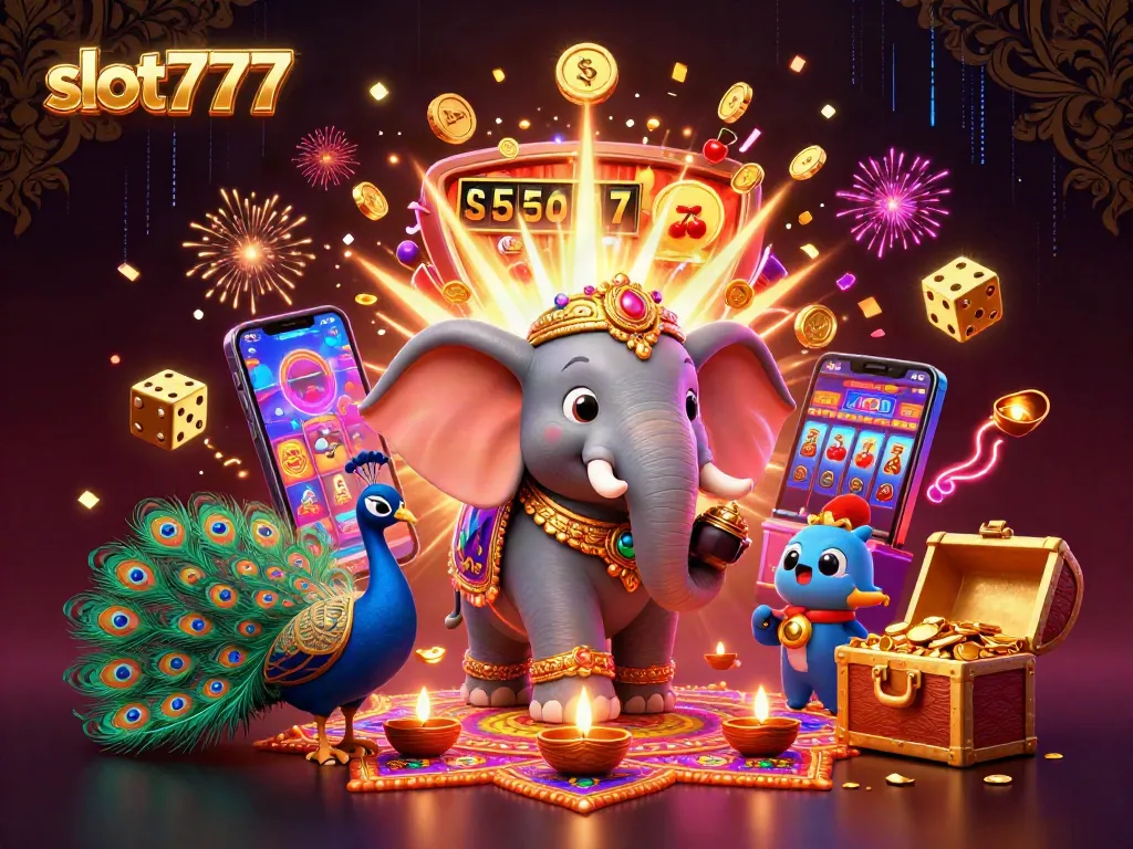 Engage with slot777 and experience the vibrant explosion of casino-themed excitement in a colorful illustration.