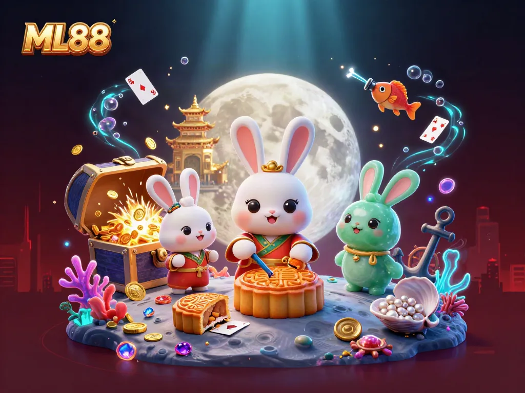 ML88 animated scene depicting a moon rabbit revealing poker chips while surrounded by vibrant casino-themed elements.