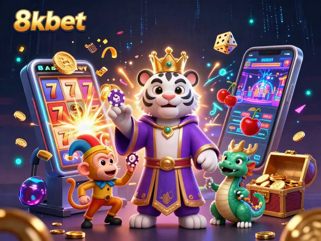 Play the exciting 8xbet games this 2026 with a vibrant 3D illustration showcasing a royal tiger and fun casino elements.