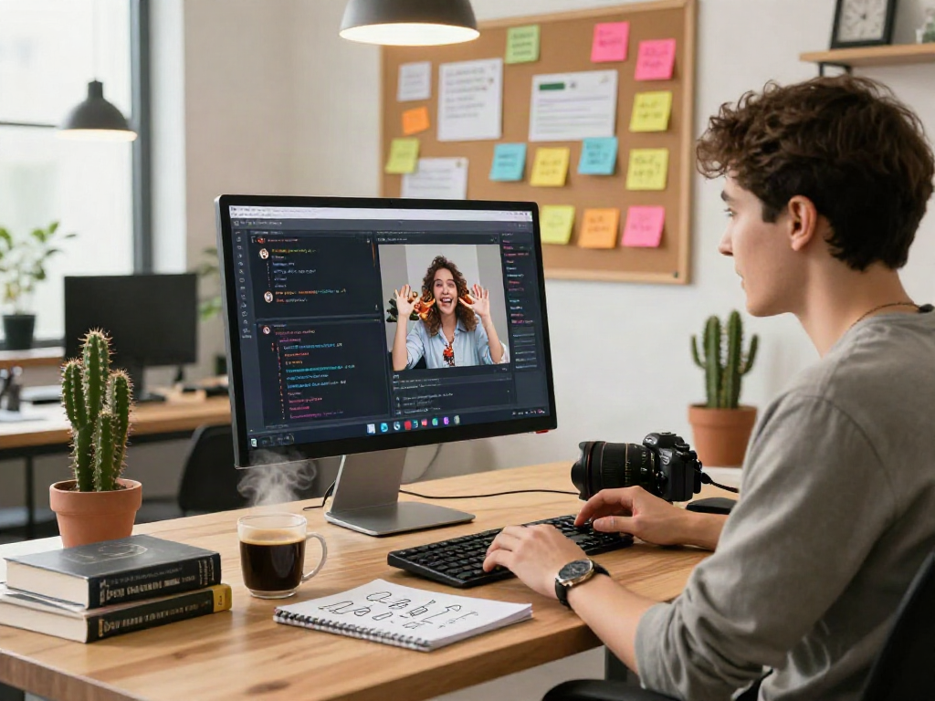 Engaged developer video chatting with spicy chat ai on a modern workspace, showcasing dynamic interaction.