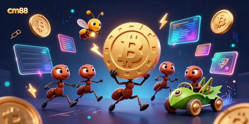 Experience thrilling action with cm88 as ants heist a giant poker chip in a vibrant casino scene.