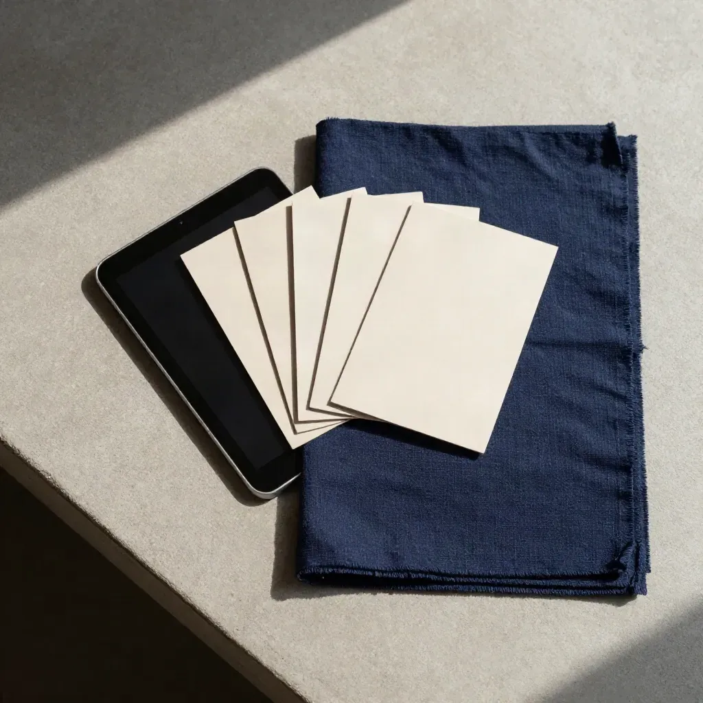Flat lay con tablet spento, tre card e tessuto blu navy su cemento chiaro.