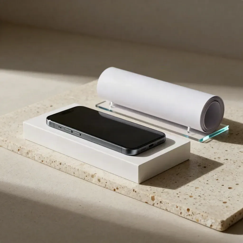 Kit lead sprint con telefono, blocco bianco e supporto acrilico su pietra chiara, luce cinematica.