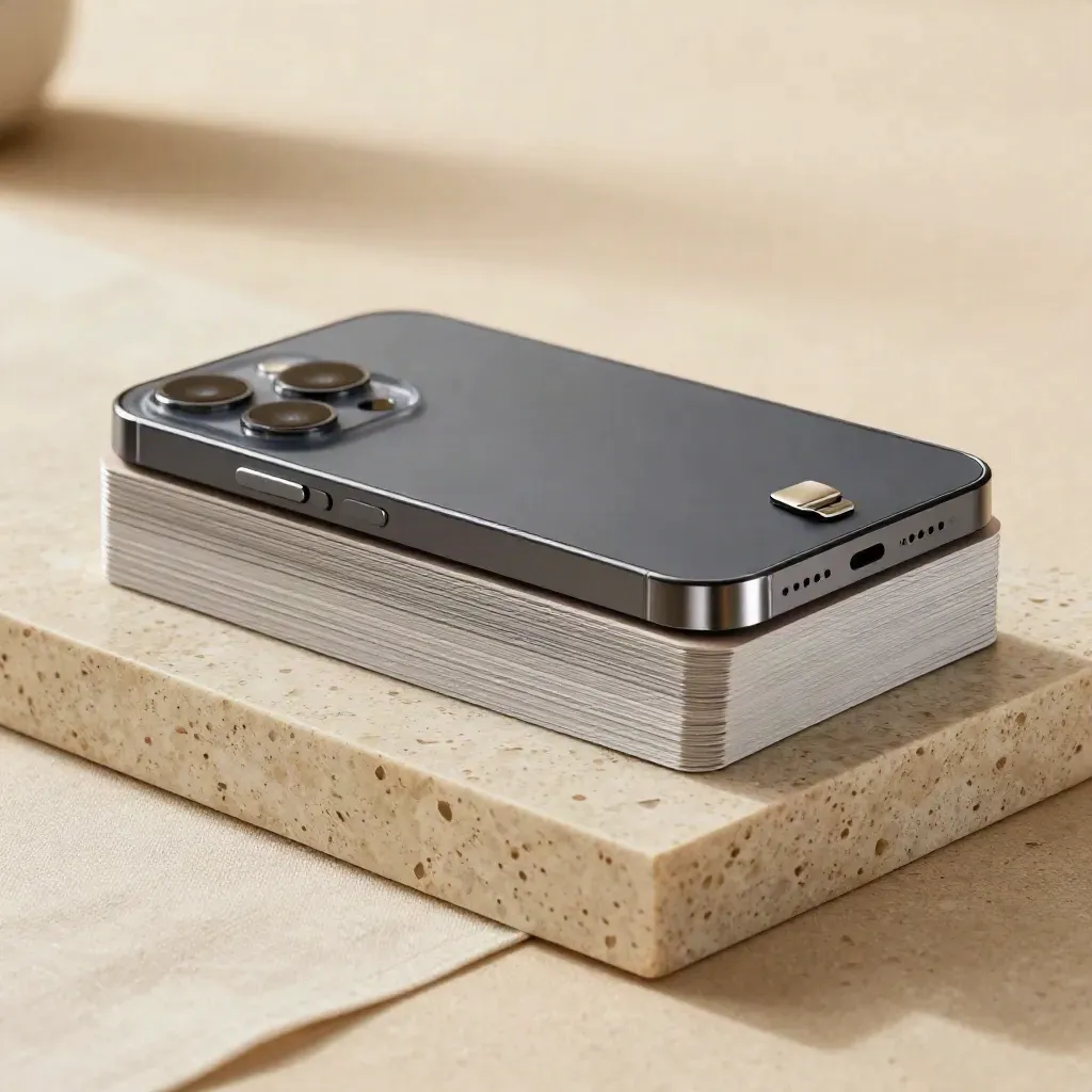 Pack pubblicitario elegante per Google Ads con smartphone, tessere e clip su travertino.