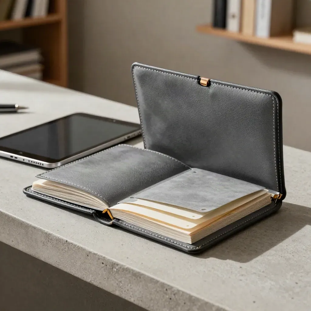 Folio SEO grafite aperto con tablet spento e divisori a ventaglio su ledge chiaro.