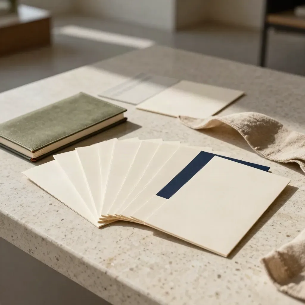Set editoriale con otto card, taccuino chiuso e tessuto morbido su travertino.