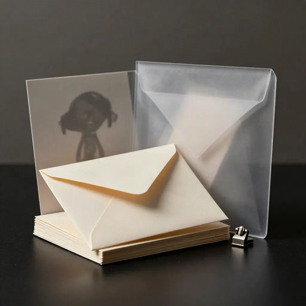 Kit email automation con card bianche, sleeve trasparente e clamp metallico in studio drammatico