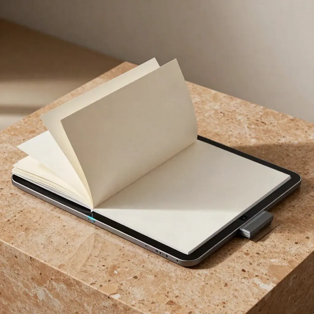 Tablet verticale e tavole wireframe su travertino caldo, luce morbida dall’alto.