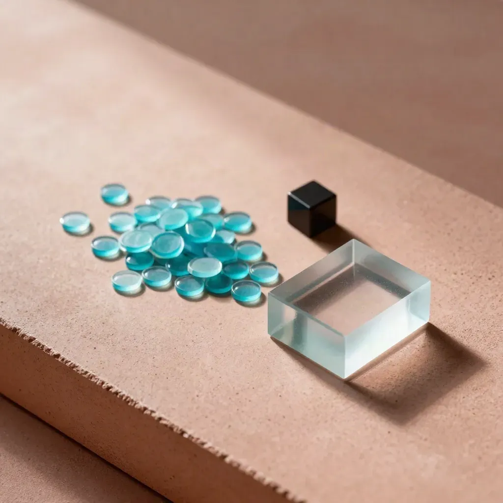 Kit mensile di analisi dati con blocco di vetro satinato e chip traslucidi su cemento chiaro.