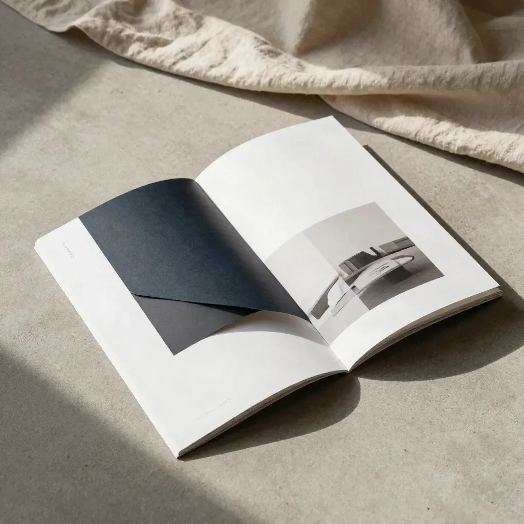 Flat lay di kit sito one page con pannello bianco, scheda scura e lino chiaro.