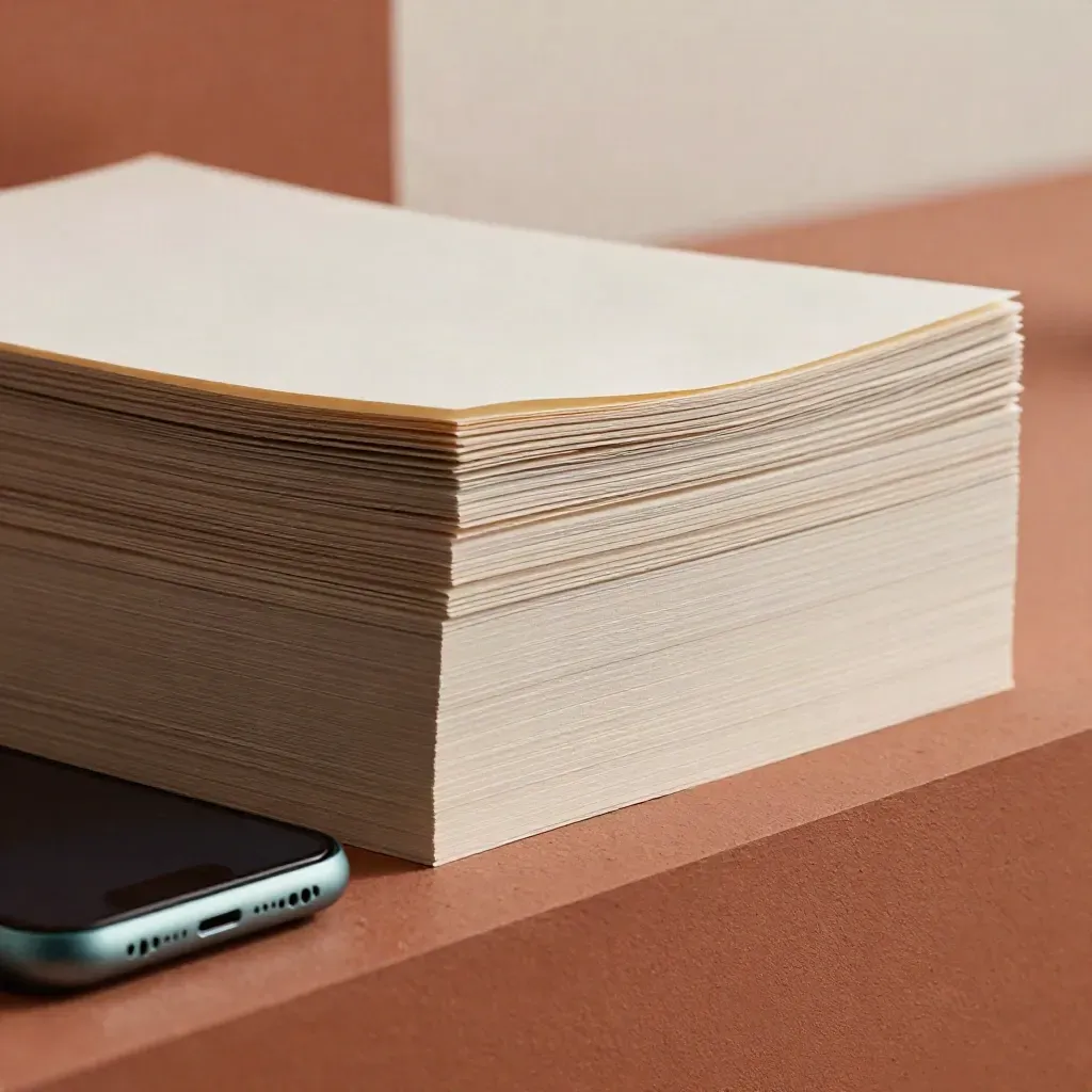 Kit per gestione Instagram con tessere sovrapposte, telefono capovolto e clip grafite su sfondo terracotta.