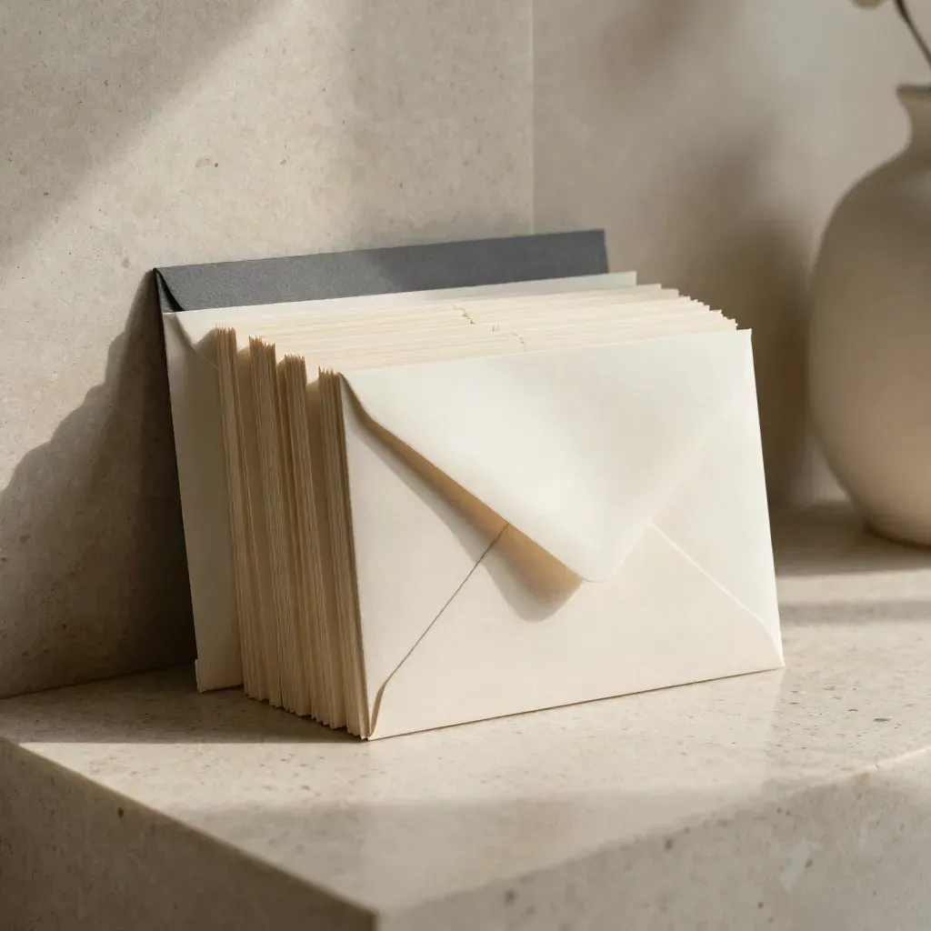 Bundle email con inserto a busta, fascia in carta e card grafica su base in travertino.