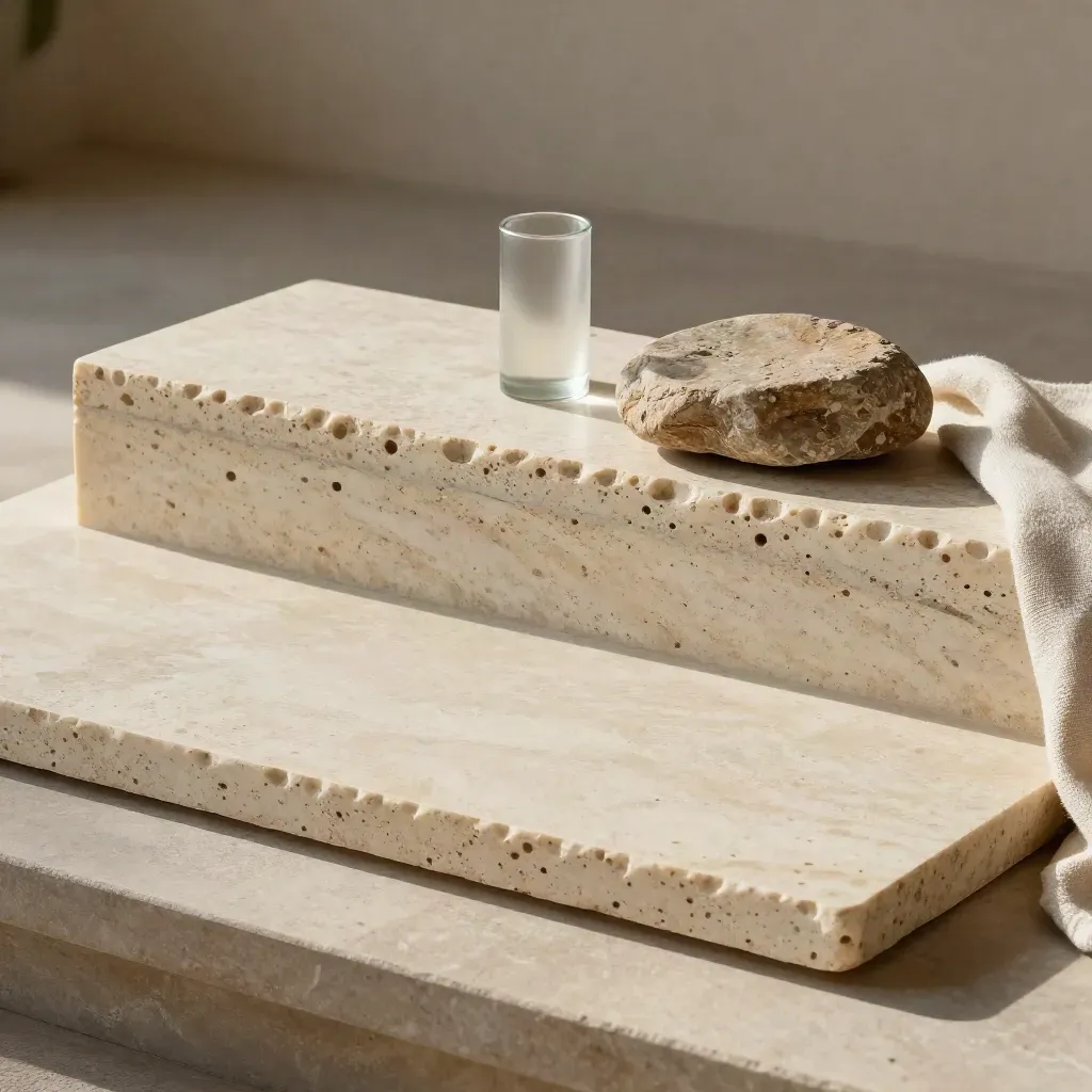 Lastra di travertino al sole con pietra impilata, cilindro in vetro smerigliato e tessuto chiaro.