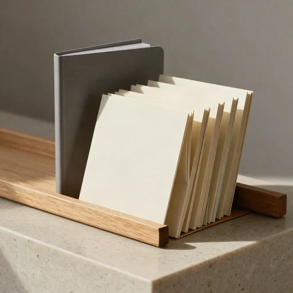 Quattro carte piegate, notebook chiuso e rail in legno chiaro su sfondo morbido.