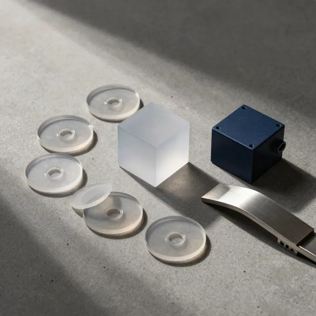 Kit di tracking GA4 con cubi e chip translucidi su lastra di cemento, vista dall’alto