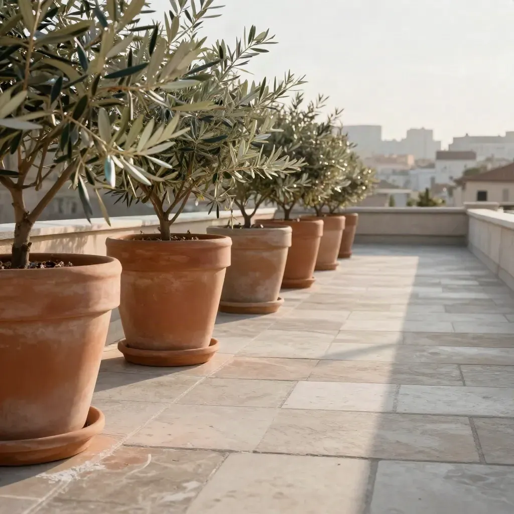 Terrazza con vasi in terracotta, foglie d’ulivo e città sfocata sullo sfondo