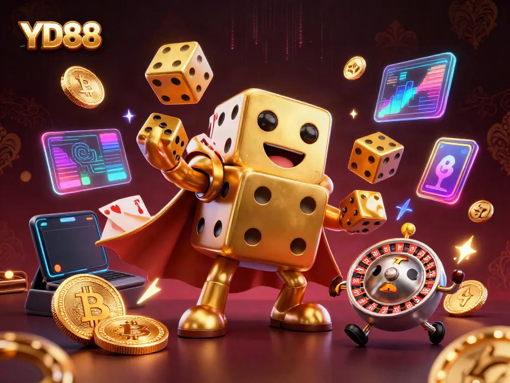Experience exciting gaming action in the vibrant scene featuring YD88, a lively golden dice golem and crypto elements.