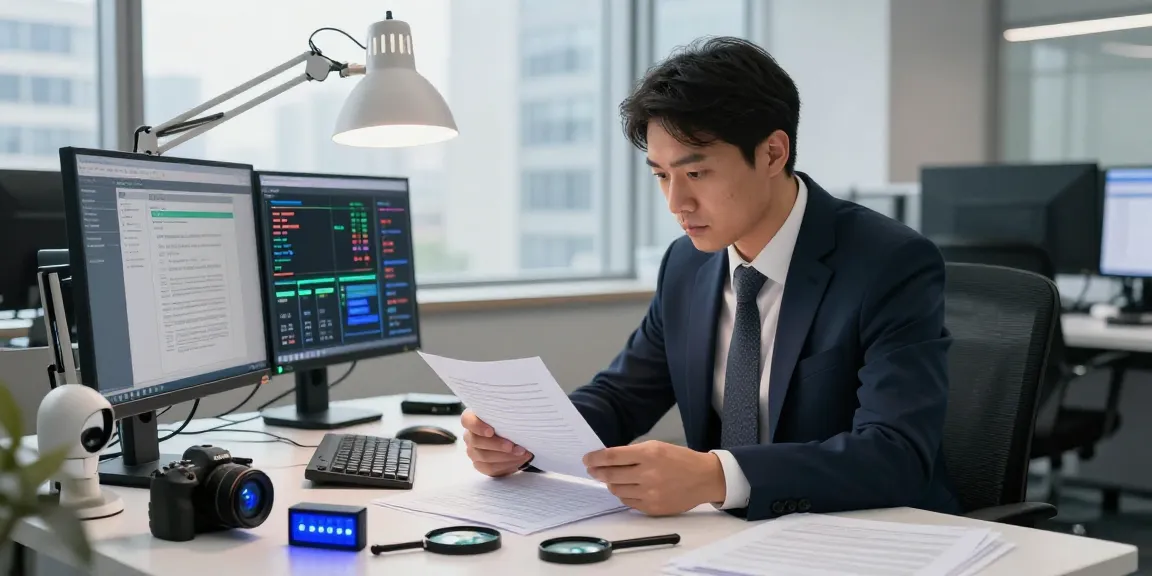 Analyzing document fraud detection in a corporate setting by a forensic analyst working under artificial light.