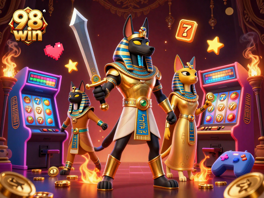 Experience the thrill of 98 win in this vibrant casino scene featuring Anubis and Bastet among colorful slot reels.