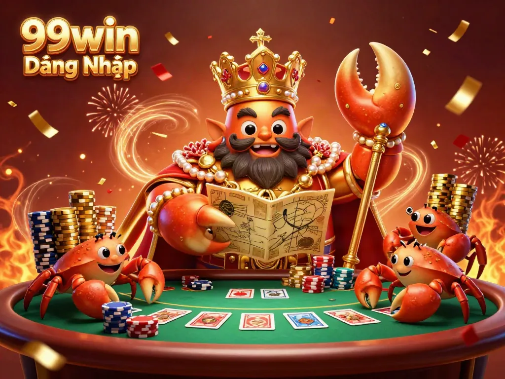 Experience exciting gameplay with 99win Đăng Nhập featuring a golden crab emperor and vibrant poker elements.