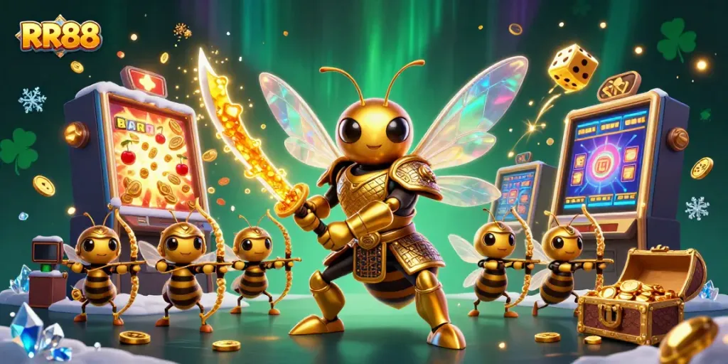 Win with RR88 as a golden hornet samurai leads a vibrant casino adventure.