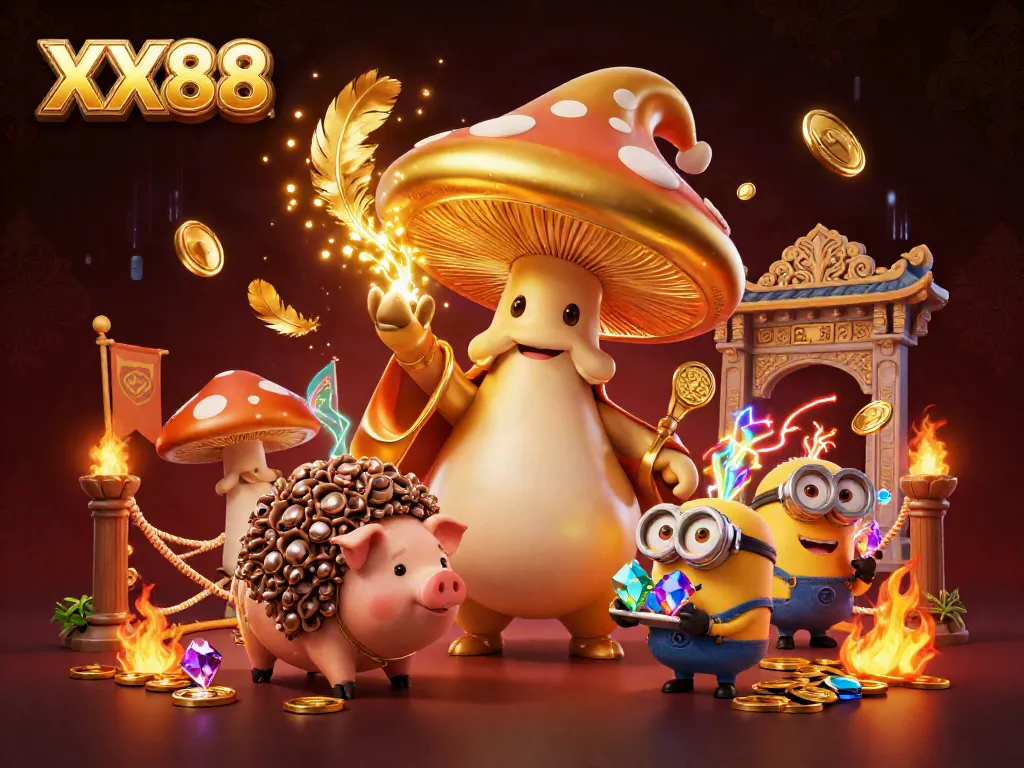 Experience the magic at XX88 with a golden wizard and treasure-hunting pig amid vibrant casino elements.