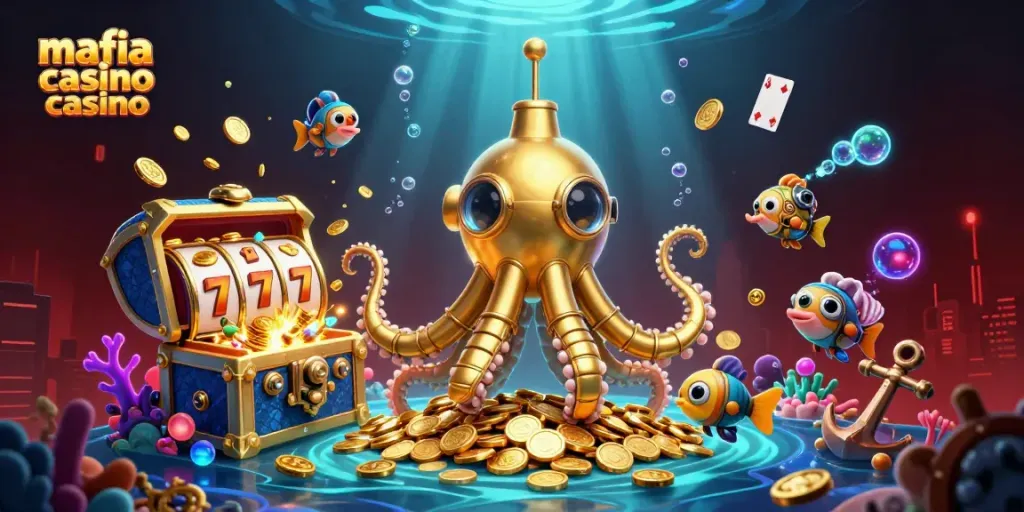 Mafia casino casino illustration featuring a kraken submarine amidst golden coins, slot reels, and vibrant game elements.