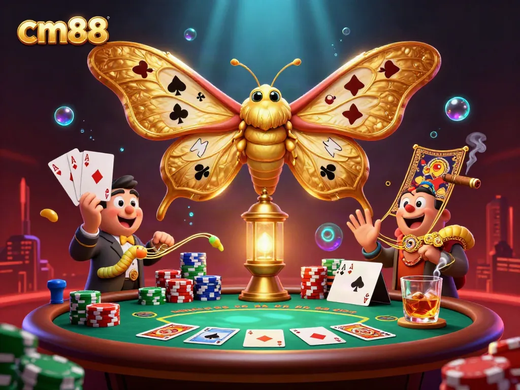 Experience the dazzling world of cm88 with a vibrant 3D casino illustration featuring golden-winged moths and poker elements.